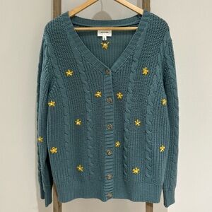 Heyson Teal Cable Knit V Neck Cardigan Sweater Embroidered Yellow Flowers Medium